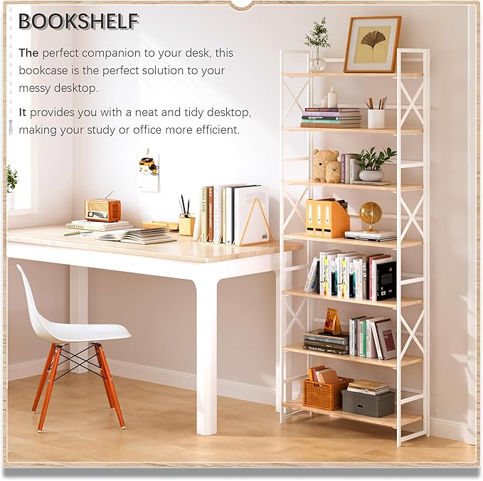 4NM 7 Tiers No Assembly Book Shelves, 72.4" H Folding Bookshelf Bookcase Open Industrial Foldable Shelves for Bedroom, Living Room, Home Office - Natural White