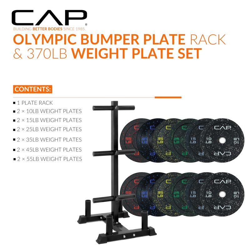 CAP 370 lb Economy Speckled Olympic Bumper Plate Set with Storage Rack, 2-Inch Olympic Plates, Medium Bounce Rubber Weight Plates with Steel Hub, 6 Weight Posts & 4 Barbell Holders for Weightlifting, Strength Training & Home Gym Workouts