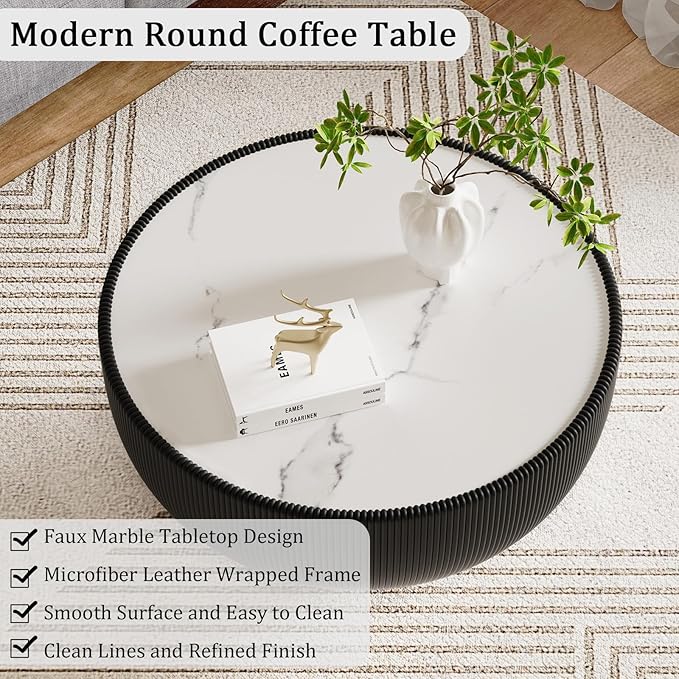 Round Coffee Table Set with Sintered Stone Tabletop, 27.56" Black Drum Center Table and 19.69" Black Coffee Table Set, 2 Pieces Living Room Table Set with Fluted PU Leather Cover& Metal Base