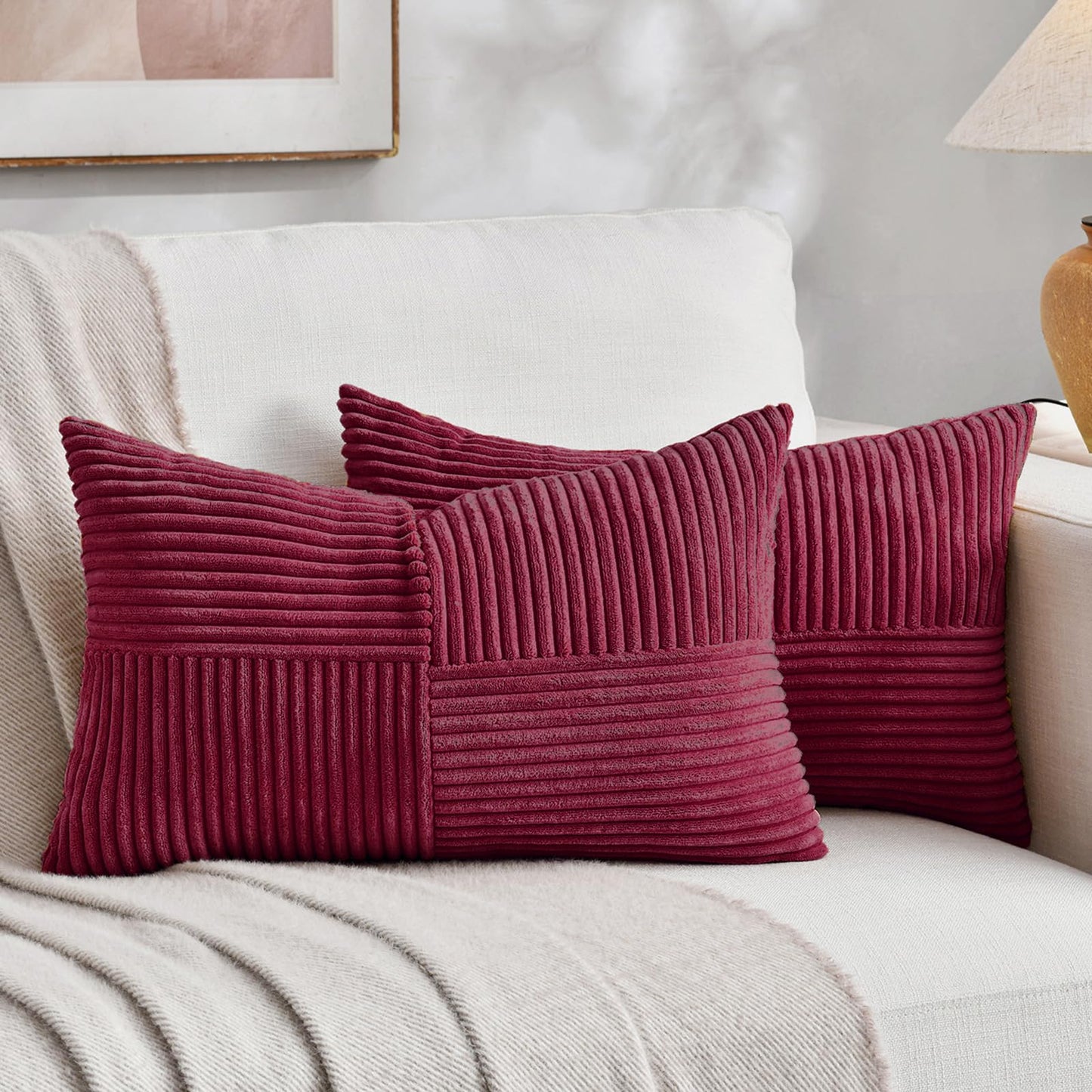 Fancy Homi 2 Packs Burgundy Lumbar Decorative Throw Pillow Covers 12x20 Inch for Living Room Couch Bed, Farmhouse Boho Home Decor, Soft Striped Corduroy Rectangle Accent Cushion Case 30x50 cm
