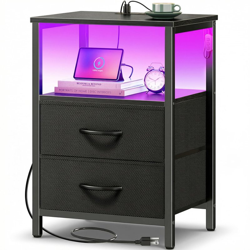 Huuger Night Stand with Charger Station and LED Lights, 2 Drawer Nightstand, Bed Side Table with Open Shelf, End Table, Fabric Drawers for Bedroom, Black