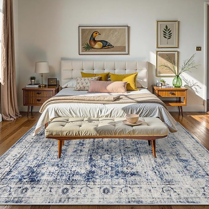 Lahome Blue Area Rug for Living Room 6x9 Machine Washable Area Rugs Living Room Rug,Vintage Distressed Soft Rubber Backing Stain Resistant Indoor Carpet for Office
