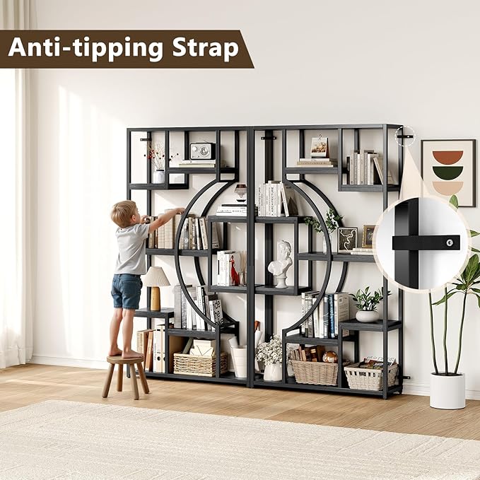 LGHM Bookshelf Set of 2 with Metal Frame, 5 Tier Geometric Bookcase, Adjustable Modern Book Shelf with 18 Open Storage Shelves, Display Shelf for Living Room, Office, Bedroom,Black