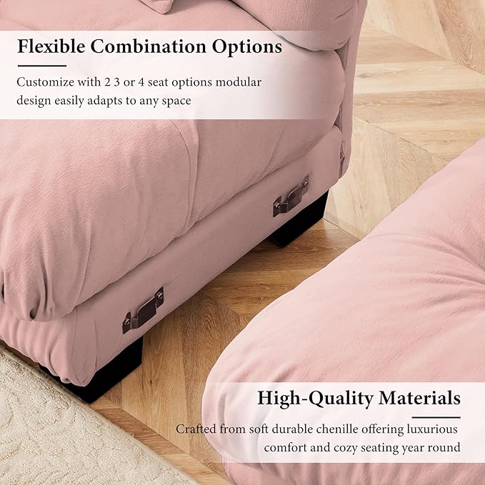 94.4” Loveseat Sofa, 2 Seater Modular Sectional Sofa, Pink Large Sectional Fluffy Couch Set, Chenille Cloud Couch with 4 Pillows, Deep Seat Sofas for Living Room
