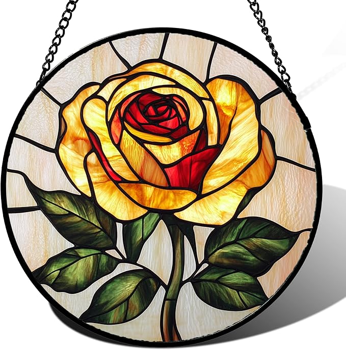 Stained Glass Window Hanging - Elegant Yellow Rose Flower Sun Catcher for Door Garden Home Decor Suncatcher Christmas Mother's Day Birthday Gifts for Women Mom Girl Nana Friend 11.8 in