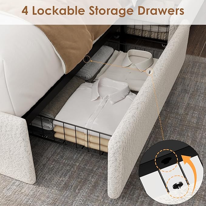 Queen LED Bed Frame with 4 Storage Drawers and Storage Headboard, Soft Boucle Upholstered Platform Bed Frame with Charging Station and USB Ports, Solid Wood Slats Support, No Box Spring Needed, White