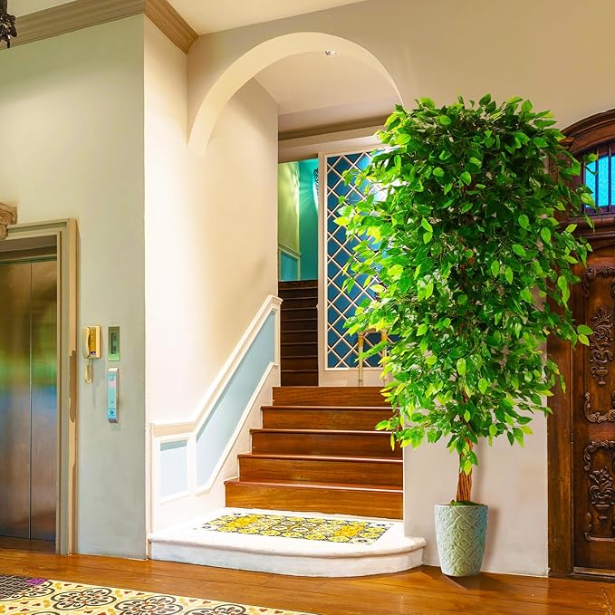 7ft Artificial Ficus Silk Tree (82in) with Plastic Nursery Pot Faux Tree, Fake Plant for Office House Farmhouse Living Room Home Decor (Indoor/Outdoor)
