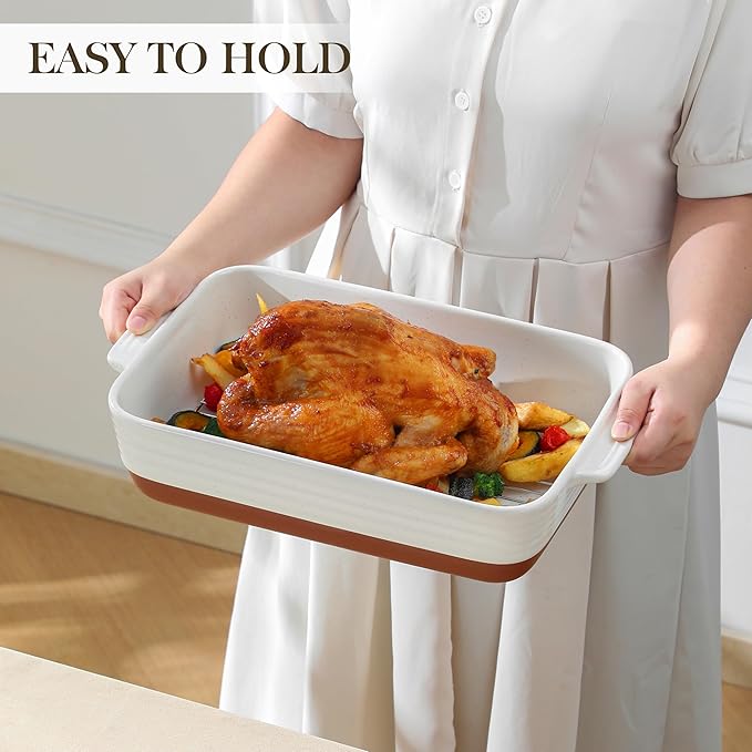 MALACASA Large 9x13 Ceramic Baking Dish with Rack, 4.8 Qt, Khaki & White