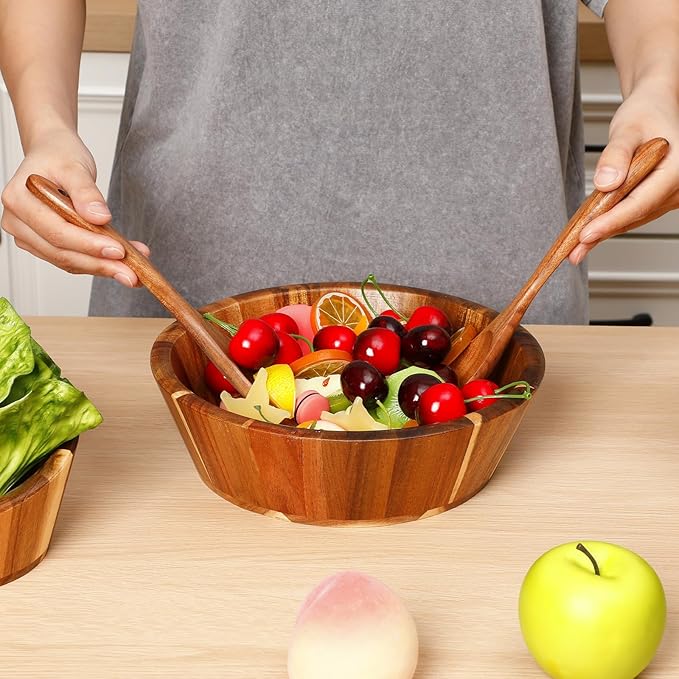 Yunlly Wooden Salad Bowl Set of 5 - Large Fruit Mixing Bowls with Salad Servers Utensils for Serving Dining Accessory - Handmade - Acacia Wood - Large 12", Medium 10", Small 8"(Round Design)