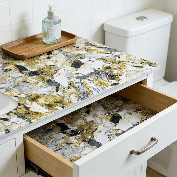 Drawer and Shelf Liner - Yellow Black Marble Pattern,Non Adhesive Non Slip Waterproof Easy-Clean Liner for Kitchen Cabinet, Refrigerator, Bathroom, Pantry Storage Drawers, 17 in x 30 Ft