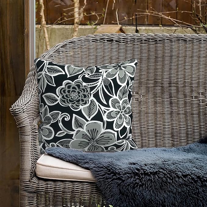 Outdoor Pillows for Patio Furniture 20x20 inch, Square Outdoor Throw Pillows with Inserts, Decorative Patio Pillows for Garden Couch Home Sofa Office Chair, Pack of 2,Flower Black
