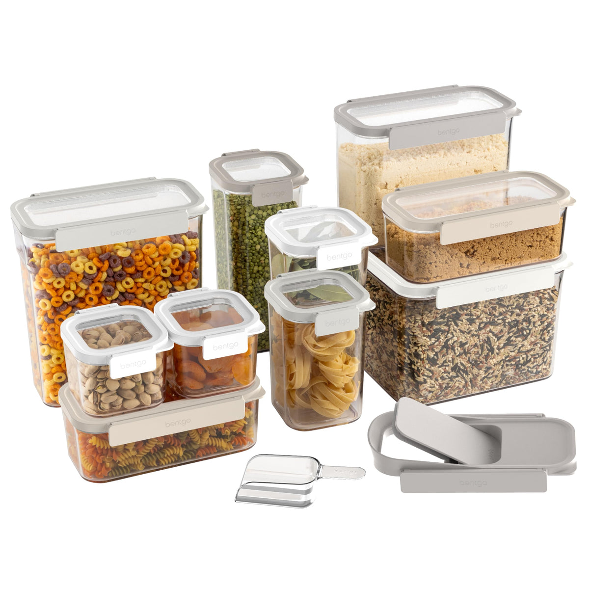Bentgo Pantry - 10-Piece Airtight Food Storage Containers, Clear, Stackable Kitchen & Pantry Organization, Locking Lids for Freshness, BPA-Free Plastic - Ideal for Sugar, Flour, & More (White Stone)