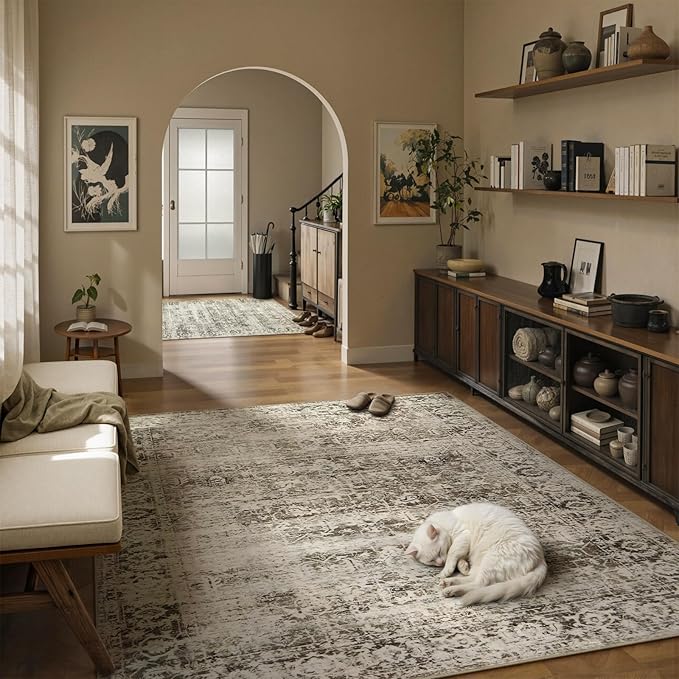 Lahome Beige Washable Rugs for Living Room 8 x 10 Large Living Room Rug Indoor Carpet,Boho Vintage Distressed Non-Slip Low-Pile Accent Bedroom Carpet for Dining Room Office Playroom(8x10,Beige)