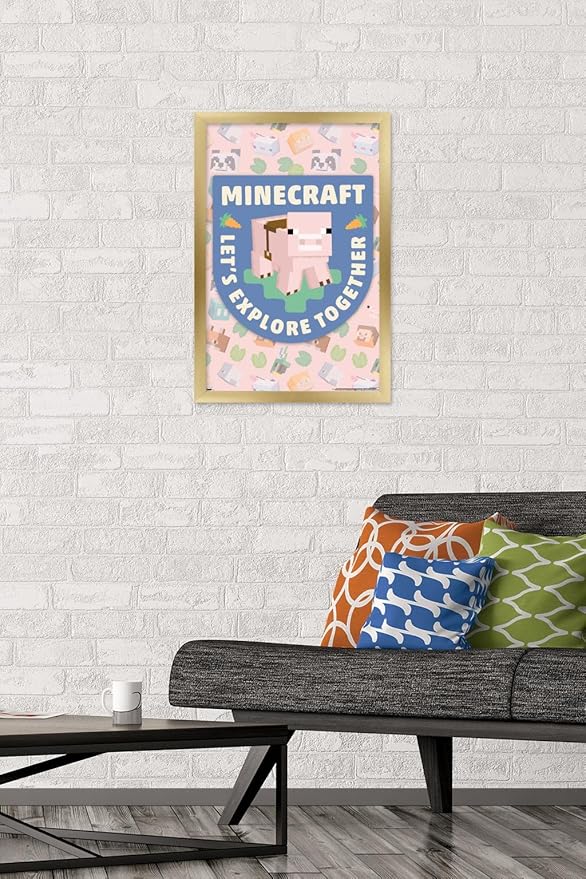 Trends International Minecraft - Let's Explore Together Wall Poster, 22.4L x 14.7W, Gold Framed Version