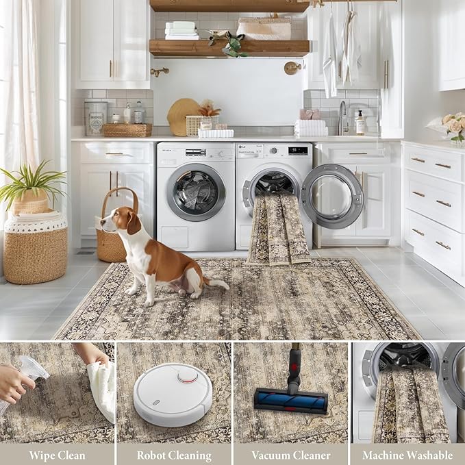 Gray Brown 5x7 Area Rugs for Living Room Washable Low Pile Soft Faux Fur Vintage Boho Carpet Rug Non Slip Sound Absorbing Geometric Floral Rug for Bedroom Office Patio Dining Room Kids Room,Hazel