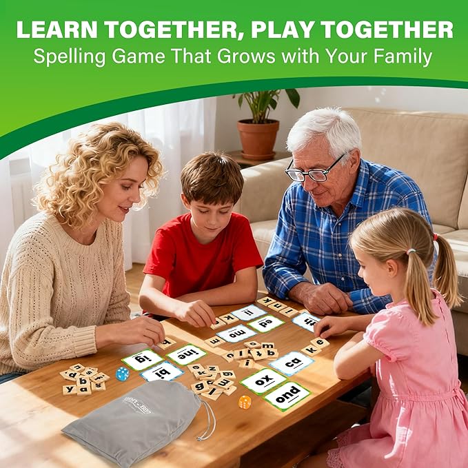 BenBen Family Spelling Games with 112 Flash Cards & Wooden Letter Tiles, CVC Sight Word Building Phonics Game for Kids Ages 4+ & Adults, 1–4 Players, Learning Toys for Home or Classroom