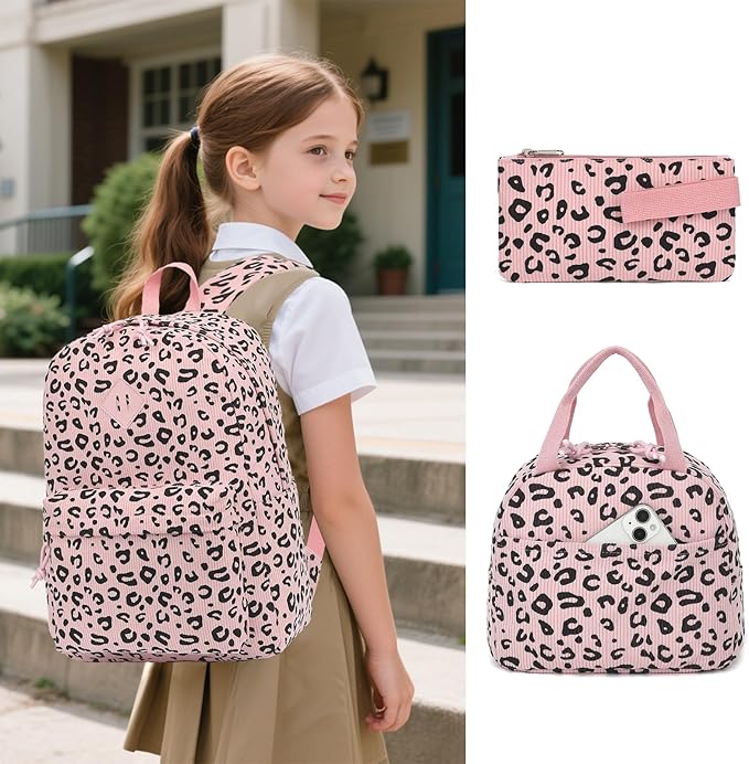 Corduroy Girls Backpack Set, 3PCS School Backpacks for Kids Elementary Middle School Bags with Lunch Box Pencil Case (Pink Corduroy Leopard)