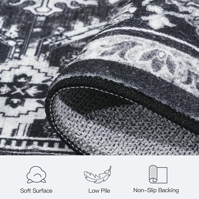 Lofus 9x12 Area Rug for Living Room,Black Washable Area Rugs with Non-Slip Backing,Soft Boho Carpets for Bedroom Dining Room Home Office Indoor Nursery