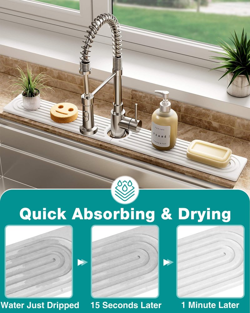 Stone Faucet Mat for Kitchen Sink, Diatomite Sink Protectors - Prevent Moisture Drying Stone Tray Fit Kitchen Counter & Bathroom Counter (White, 15.8" x 4")
