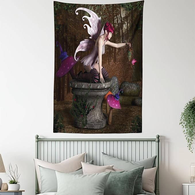 Ambesonne Tale Tapestry Queen Size, Dimensional Mythical Creature Design Artifact on Pedestal Forest Print, Wall Hanging Bedspread Bed Cover Wall Decor, 88" X 88", Red Purple Grey
