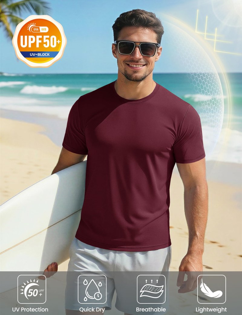 MAGCOMSEN Short Sleeve T Shirt Men UV Protection Moisture Wicking T Shirts Quick Dry Active Shirts Crew Neck Wine