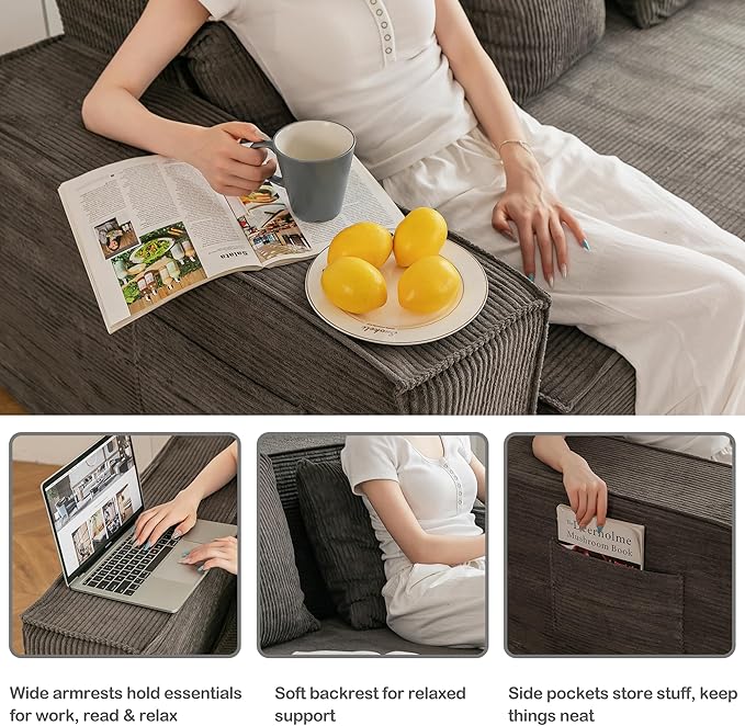 HOMREST 76" Convertible Memory Foam 3-seat Sofa, Pull Out Sleeper Sofa Bed, 2 in 1 Folding Couch Bed, Fold Out Floor Couch Corduroy Fabric with 3 Pillows for Living Room Bedroom Lounge (Grey)