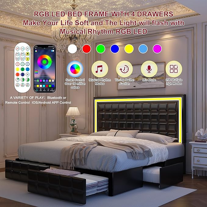 Queen Bed Frame with LED Lights & Storage Drawers, No Box Spring Needed, Heavy Duty 900lbs Weight Capacity, Easy Assembly, Modern Upholstered Platform Bed, PU Black