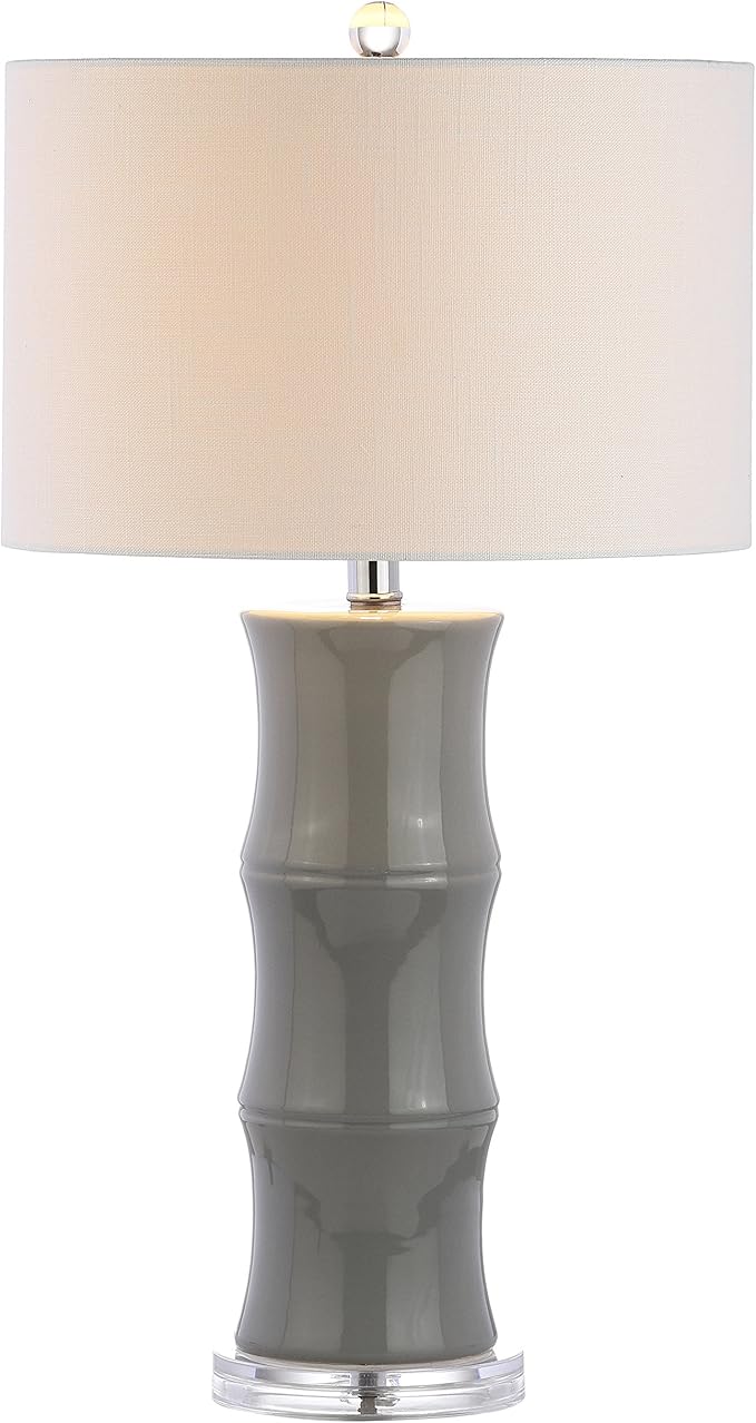 JONATHAN Y 26.5" Gray Ceramic Table Lamp for Living Room, Bedroom Nightstand, White Linen Drum Shade, Bamboo Design Modern Bedside Desk Lamp with LED Bulb Included (JYL3015B)
