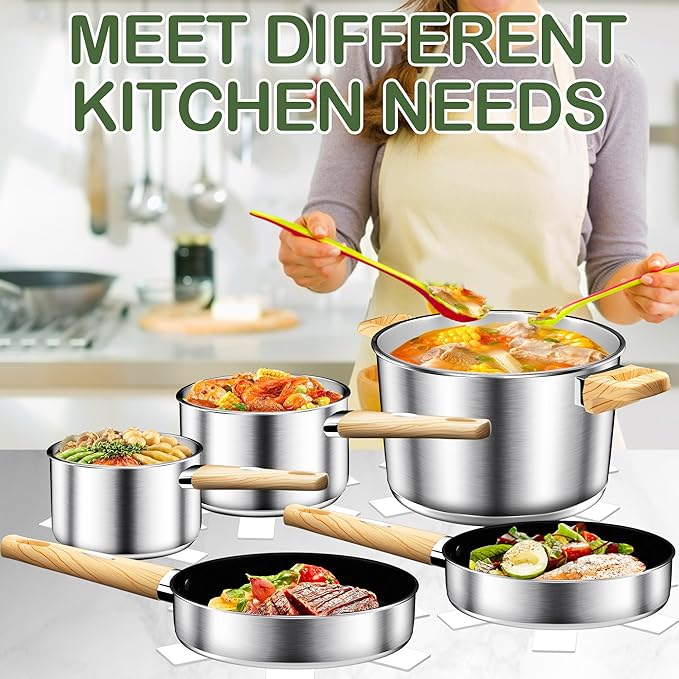 DUTZUN Stainless Steel Cookware Set 13PCS, Pots and Pans Set, Induction Cookware, Kitchen Cooking Set, Heavy Duty, Tri-Ply Base, Dishwasher Safe