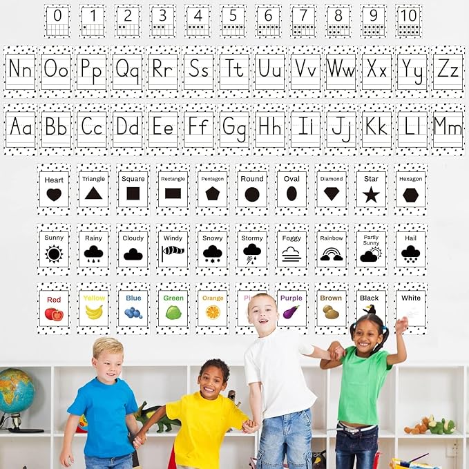 67 PCS Classroom Alphabet Number Educational Poster Cards with Weather Shape Color Learning Cards Decorations, Black and White Polka Dot Bulletin Board Letter, School Home Wall Decor for Teacher