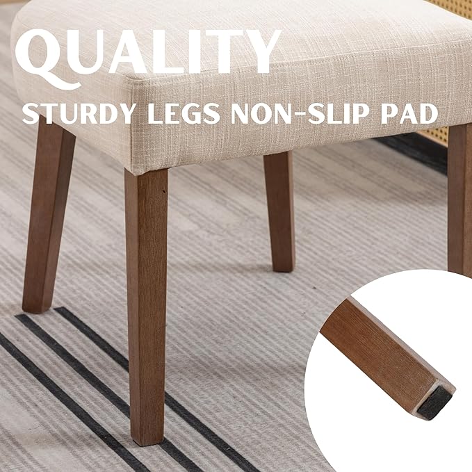Rattan Dining Chairs Set of 6, Modern Dining Chair Kitchen Dining Room Chairs, Curved Cane Back Upholstered Linen Fabric Dining Chair with Wood Frame, Beige