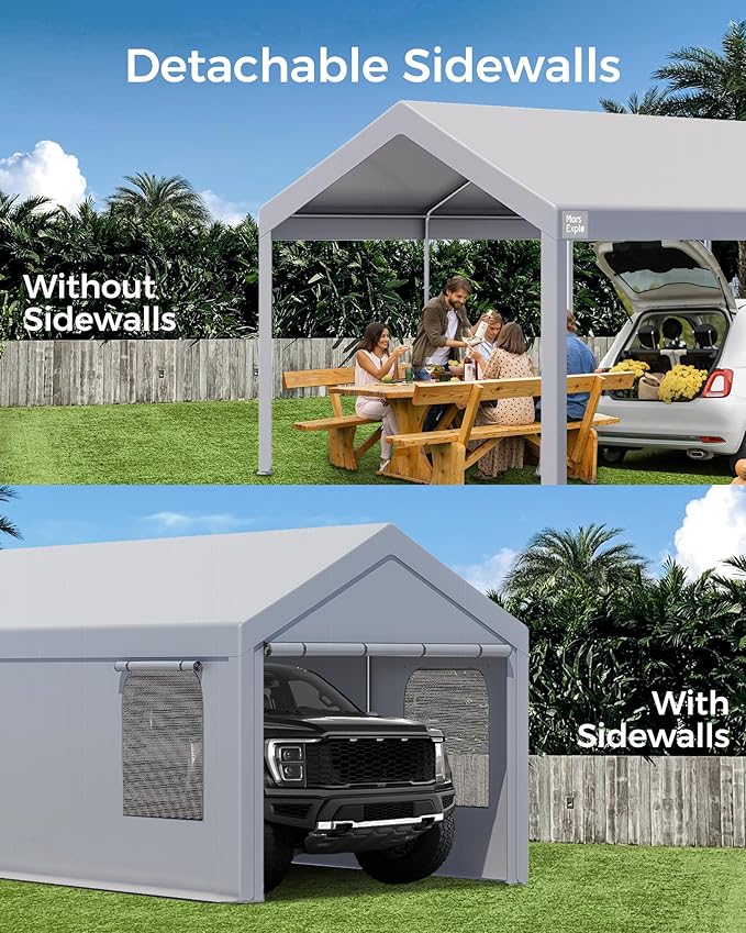 Carport, 10 x 20 FT Portable Garage Heavy Duty, Carport Canopy with Sidewalls Roll-Up Door & Windows, Car Port Canopy Tent Reinforced with Extended Skirt for Truck, Boat, Car Shed (Light Gray)
