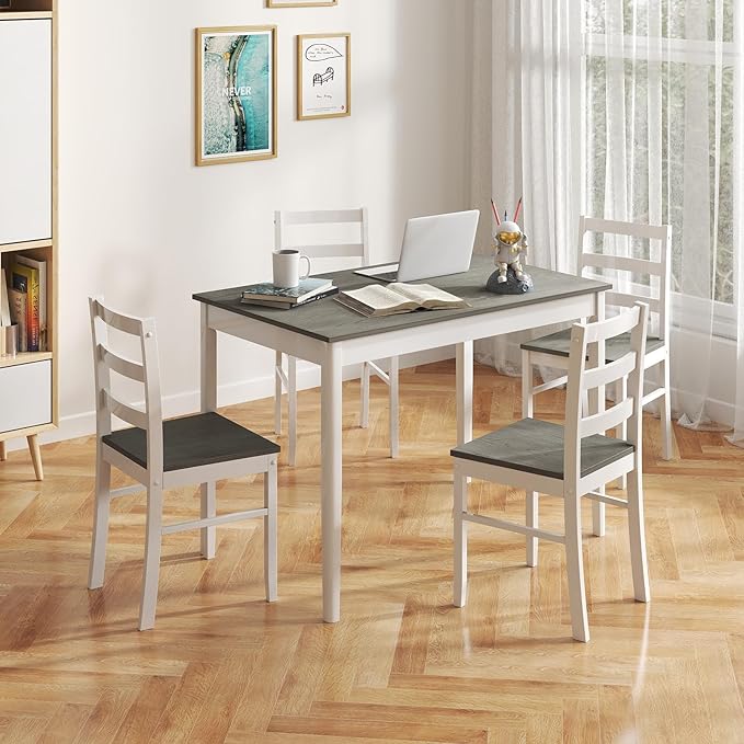 POWERSTONE Dining Table Set for 4, Kitchen Table Chairs Set of 4 with Rubber Wood Legs, Farmhouse 5 Piece Dining Table Set Solid Wood for Kitchen Dining Room Dinner (Grey)