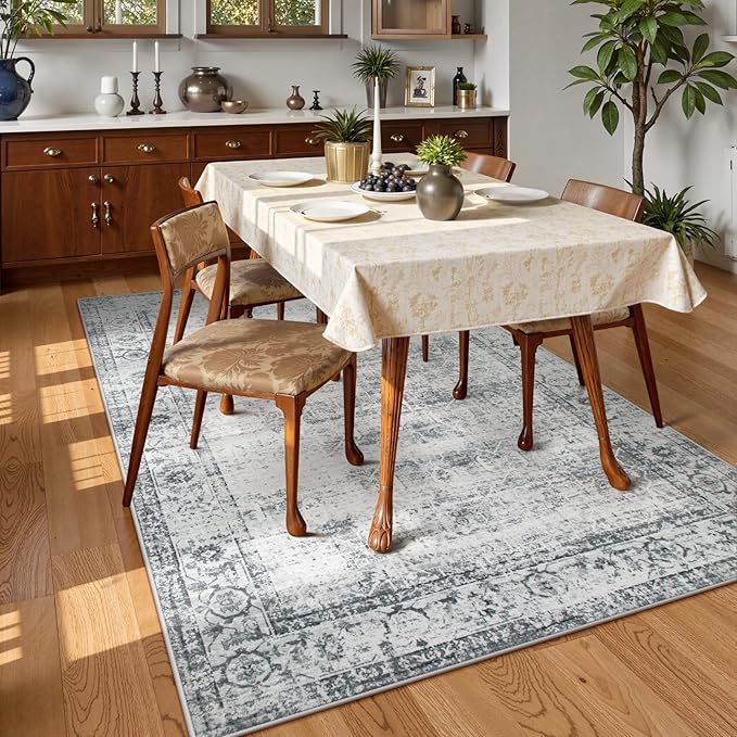 Lahome Vintage 6x9 Washable Grey Rugs for Living Room Bedroom, Soft Dining Room Rugs for Under Table, Non Slip Indoor Throw Carpet for Entryway Kitchen Office (6x9ft,Grey)
