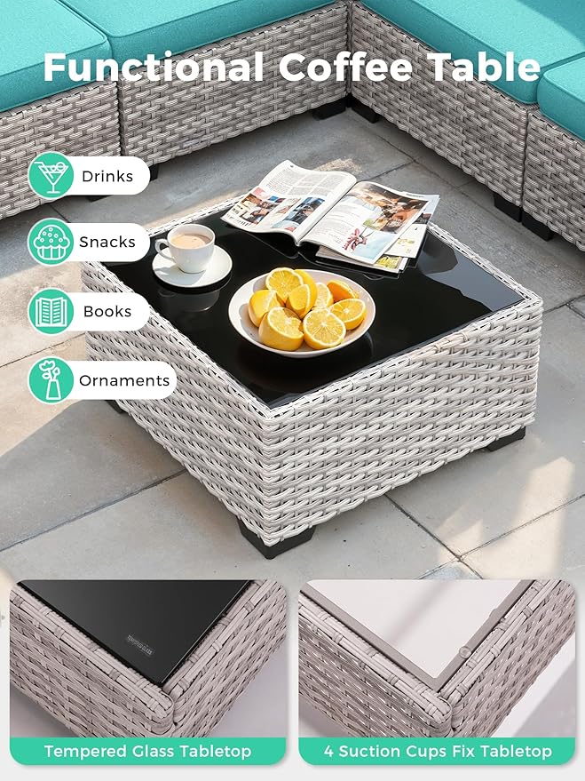 6 Piece Outdoor Wicker Rattan Sectional Sofa Set, 5-Seats Patio Furniture Conversation Set with 4" Thickened Cushions & Coffee Table, All-Weather PE Rattan for Garden, Backyard, Porch, Navy