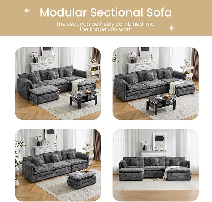 112" Modular Sectional Sofa with Movable Ottoman, L Shaped Couches for Living Room, 3 Seater Comfy Cloud Couch with Removable Cover, Armrest Pillow (Grey)