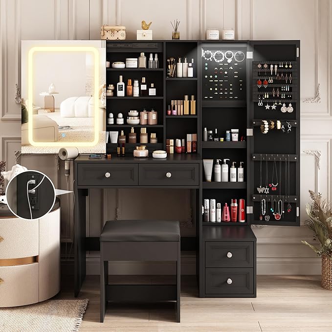 Makeup Vanity Desk with LED Lighted Sliding Mirror, Vanity Table with Jewelry Cabinet and 4 Drawers, Charging Station & Lots Storage Shelves, Adjustable Brightness, Dressing Table Cushioned Stool Set