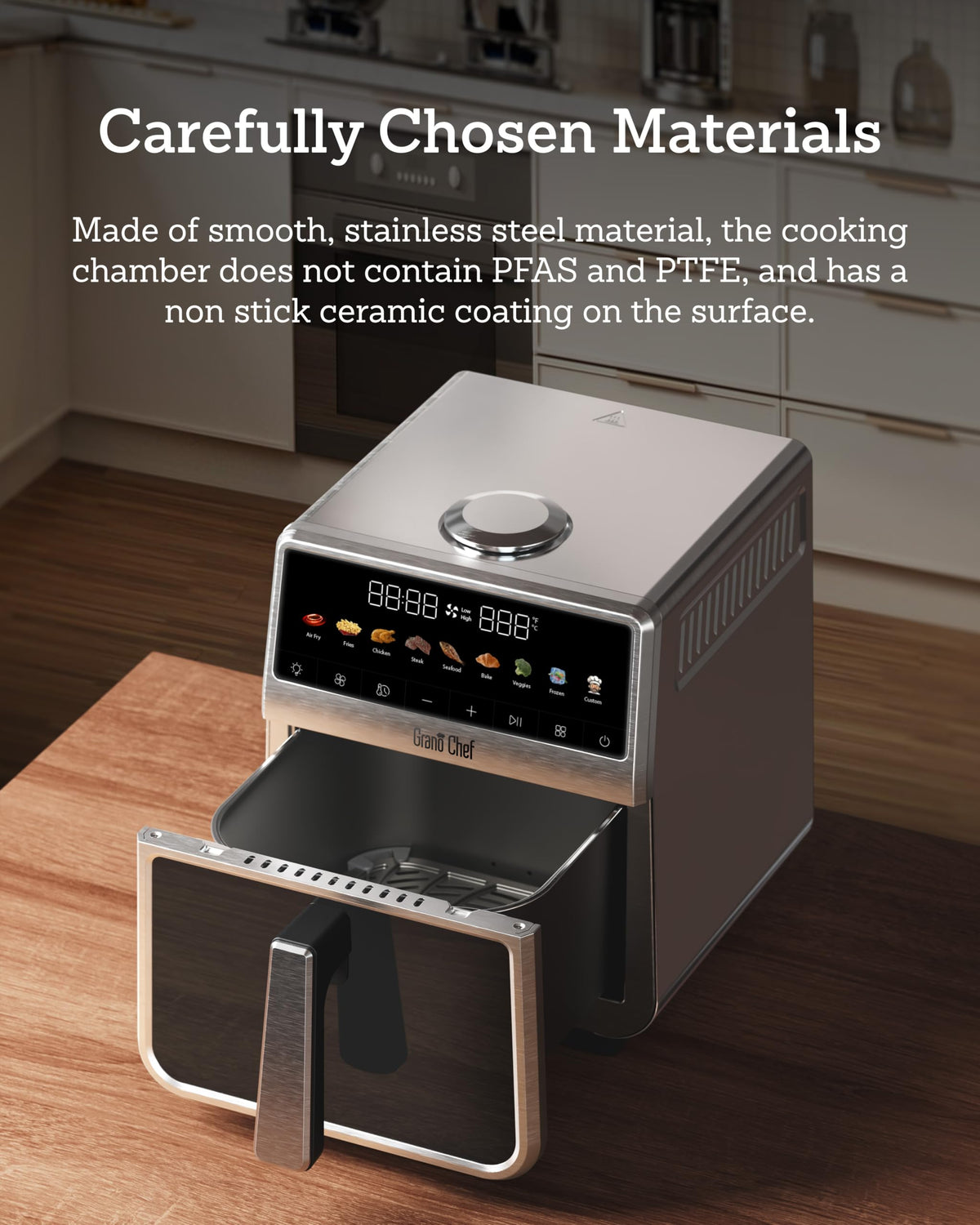 Grano Care Stainless Steel Air Fryer 6 Qt, Ceramic glaze Air Fryer, Stainless Steel Housing& Full Metal Inner Pot, PTFE and PFAS Free, 9 Digital One-Touch Cook Functions,120°F~450°F, 1700W