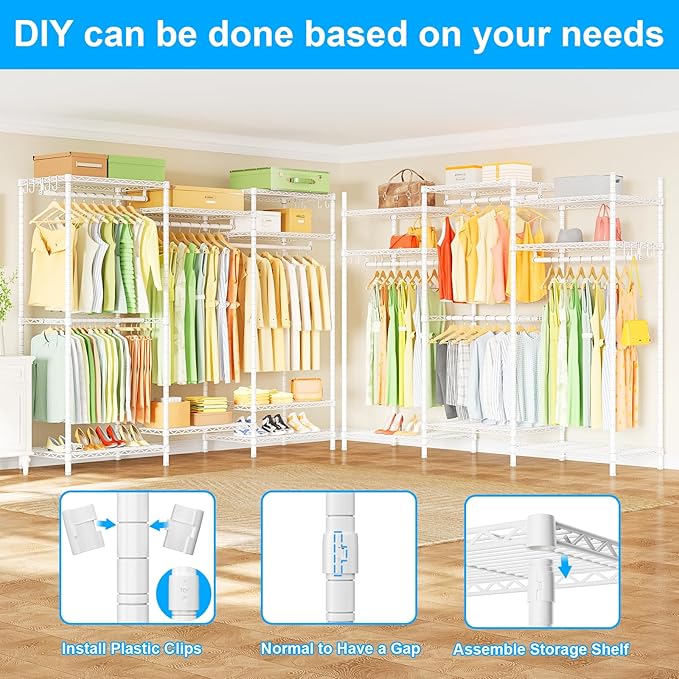 Ulif E13 Heavy Duty Clothes Rack（With 4 Hanger Rods & 8 Shelves） Freestanding Clothing Racks for Hanging Clothes，Adjustable Closet Organizer，Metal Garment Rack 63" W x16 D x77 H，Max Load 900LBS，White