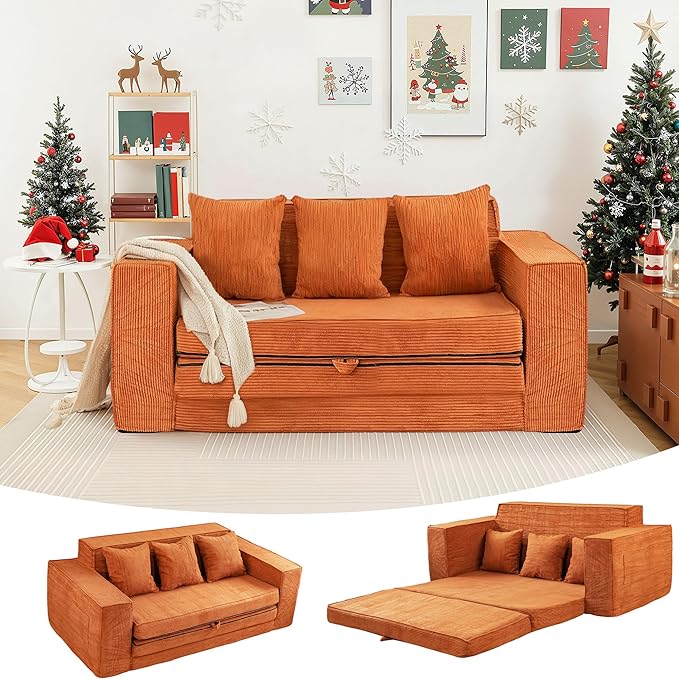 HOMREST 76" Convertible Memory Foam 3-seat Sofa, Pull Out Sleeper Sofa Bed, 2 in 1 Folding Couch Bed, Fold Out Floor Couch Corduroy Fabric with 3 Pillows for Living Room Bedroom Lounge (Brown)