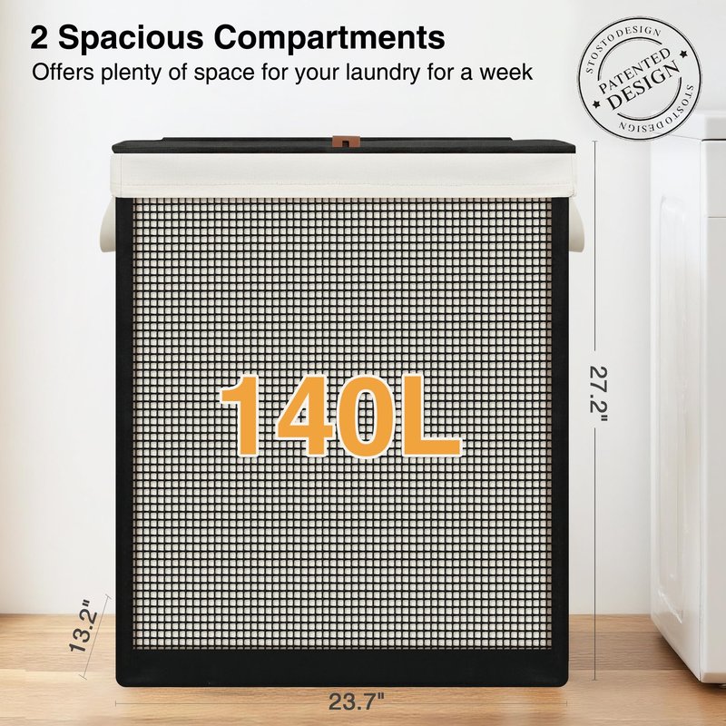 STO STO Double Laundry Hamper with Lid, 140L Large 2 Section Laundry Sorter, Laundry Basket with Removable Washable Canvas Liner Bag, Breathable Clothes Hamper for Bedroom Bathroom Laundry Room Closet