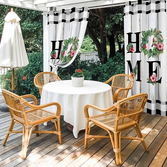 Summer Outdoor Curtains for Patio Leaves Garland Plumeria Wood Buffalo Plaid