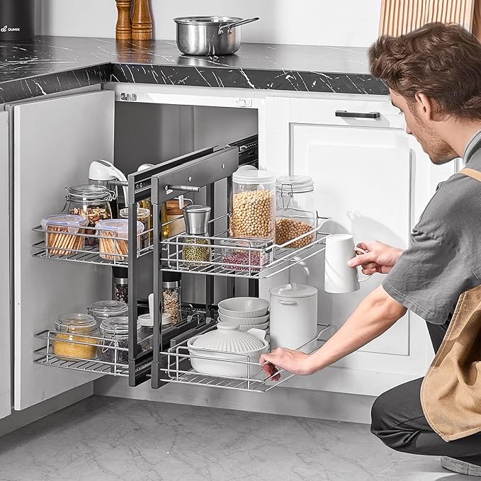 VEVOR Min 15" W Opening Blind Corner Pull Out Organizer, 2 Tier 4 Shelf Kitchen Cabinet Organizer, Chrome Carbon Steel Storage Basket, Slide Out Storage Organizer, Left & Right Open Compatible