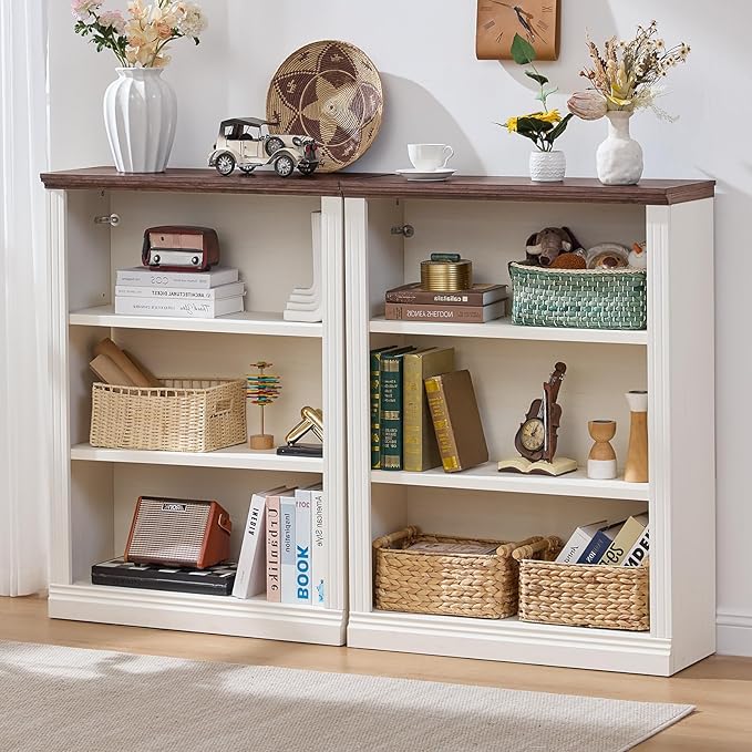 43" White Tall Bookshelf Set of 2,3-Tier Thick Wooden Book Shelf with Adjustable Shelves,Free Standing Farmhouse Bookcase with Open Display Storage,Floor Vintage Bookshelves for Living Room