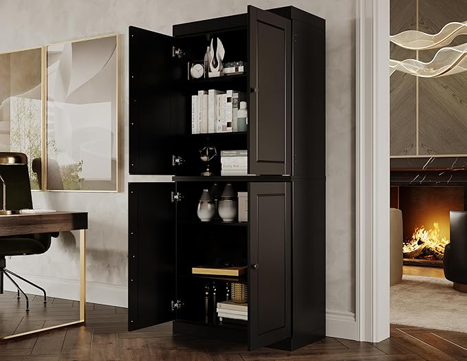 Palace Imports Solid Wood Bookcase - 6-Shelf Tall Bookshelf, 71.5” H x 32” W - Black, Wooden Cabinet Doors, Adjustable Shelves, 100% Renewable Eco-Friendly Wood, Made in Brazil
