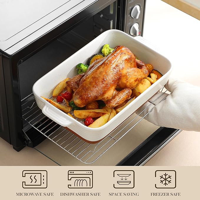 MALACASA Large 9x13 Ceramic Baking Dish with Rack, 4.8 Qt, Khaki & White