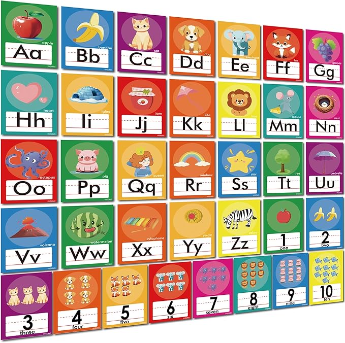 YIYDONG 36 Pieces Alphabet Line Bulletin Board Set ABC Number Flash Cards Wall Decorations for Pre-School Kindergarten Elementary Classroom Nursery Homeschool (Bright Colors)