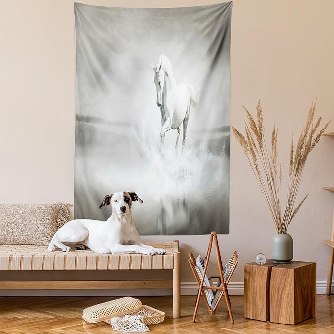 Ambesonne Horses Tapestry, Wild Horse Running Through Water Dramatic for the Motivation of Life Art, Fabric Wall Hanging Decor for Bedroom Living Room Dorm, 23" X 28", Black and White