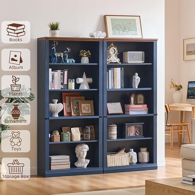 70" Blue Tall Bookshelf Set of 4,5-Tier Thick Wooden Book Shelf with Adjustable Shelves,Free Standing Farmhouse Bookcase with Open Display Storage,Floor Vintage Bookshelves for Living Room