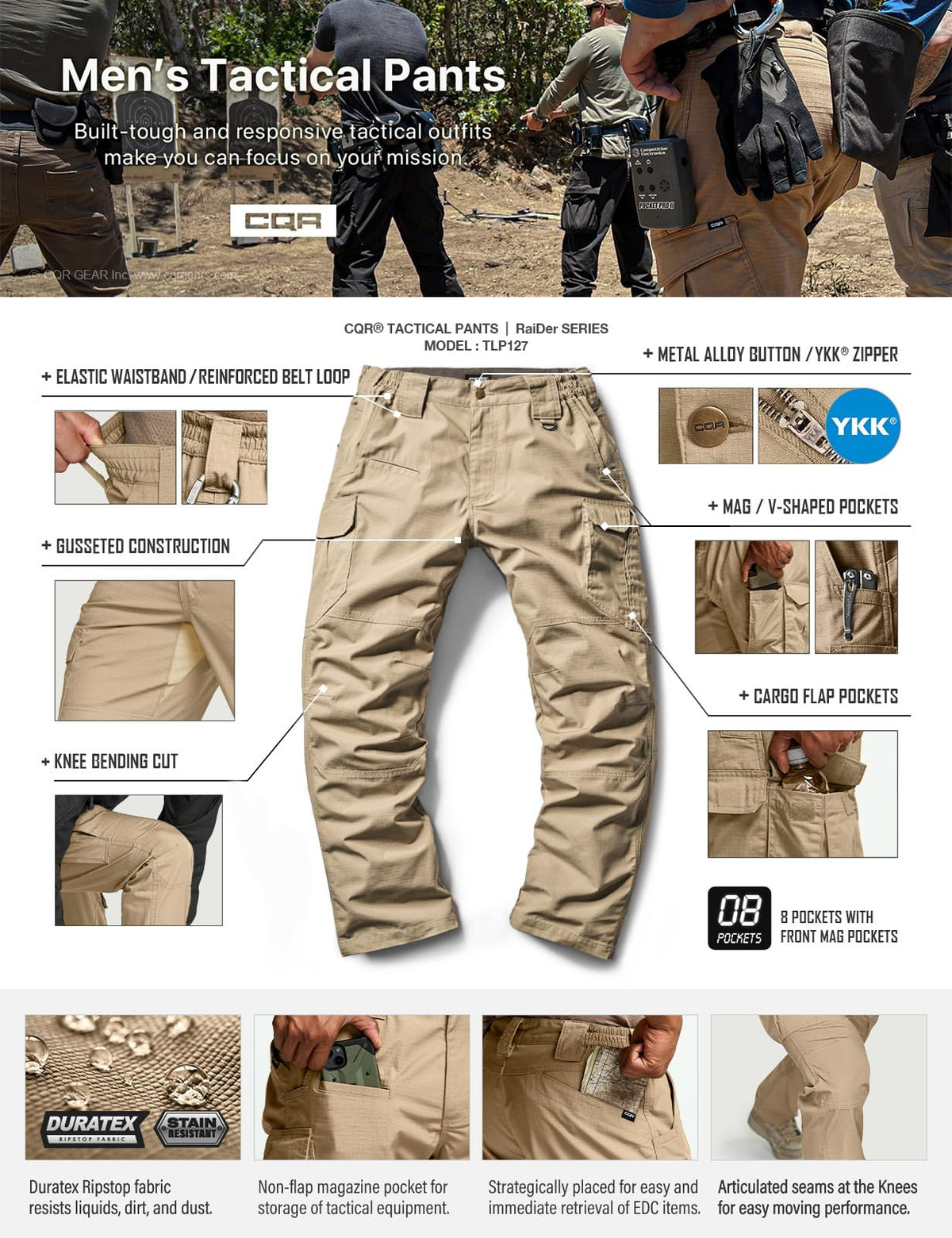 CQR Men's Tactical Pants, Water Resistant Ripstop Cargo Pants, Lightweight EDC Work Hiking Pants, Outdoor Apparel, Raider Mag Pocket Khaki, 46W x 30L
